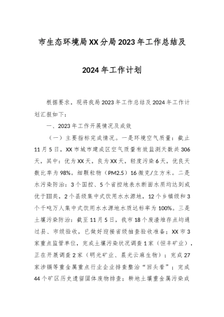 市生态环境局XX分局2023年工作总结及2024年工作计划