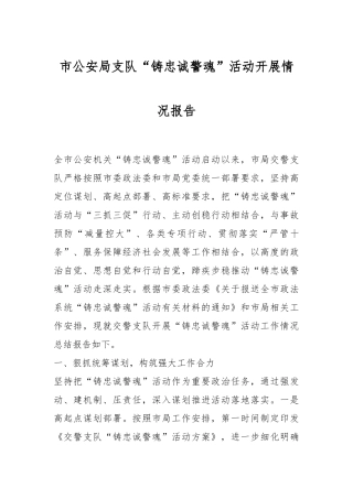 市公安局支队“铸忠诚警魂”活动开展情况报告