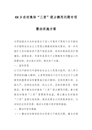 XX乡农村集体“三资”侵占挪用问题专项整治实施方案
