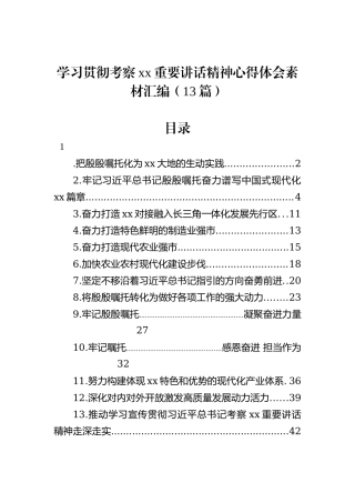 学习贯彻考察xx重要讲话精神心得体会素材汇编（13篇）