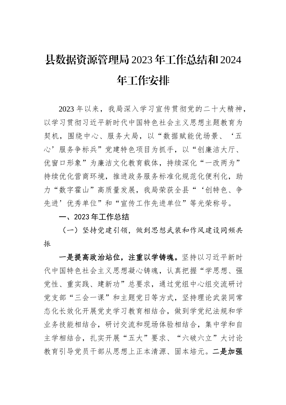 县数据资源管理局2023年工作总结和2024年工作安排_第1页