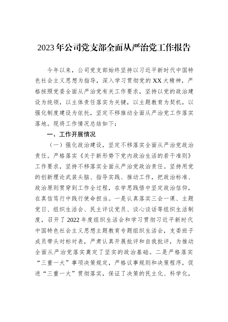 2023年公司党支部全面从严治党工作报告_第1页