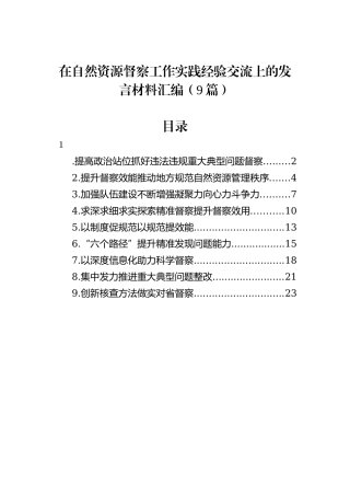 在自然资源督察工作实践经验交流上的发言材料汇编（9篇）20231218