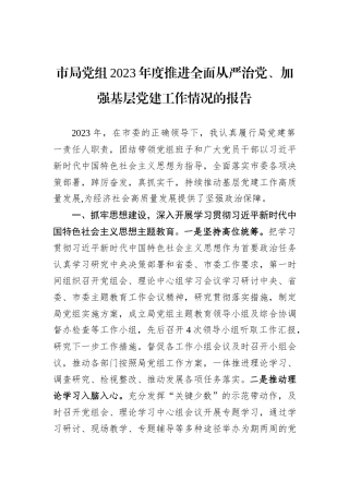 市局党组2023年度推进全面从严治党、加强基层党建工作情况的报告