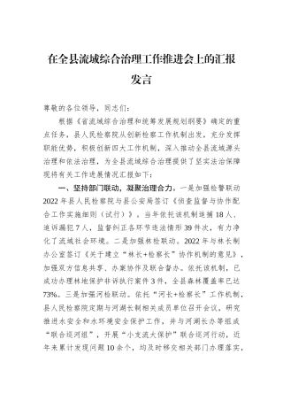 在全县流域综合治理工作推进会上的汇报发言