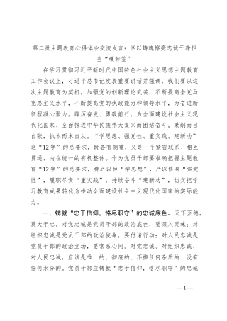 第二批主题教育心得体会交流发言：学以铸魂擦亮忠诚干净担当“硬标签”
