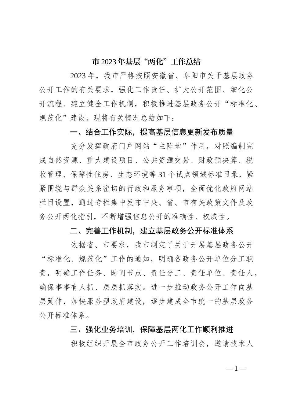 市2023年基层“两化”工作总结_第1页