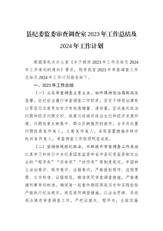 县纪委监委审查调查室2023年工作总结及2024年工作计划