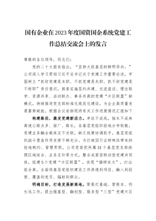 国有企业在2023年度国资国企系统党建工作总结交流会上的发言