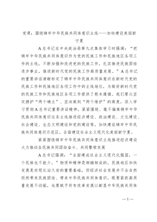 党课：围绕铸牢中华民族共同体意识主线——加快建设美丽新宁夏