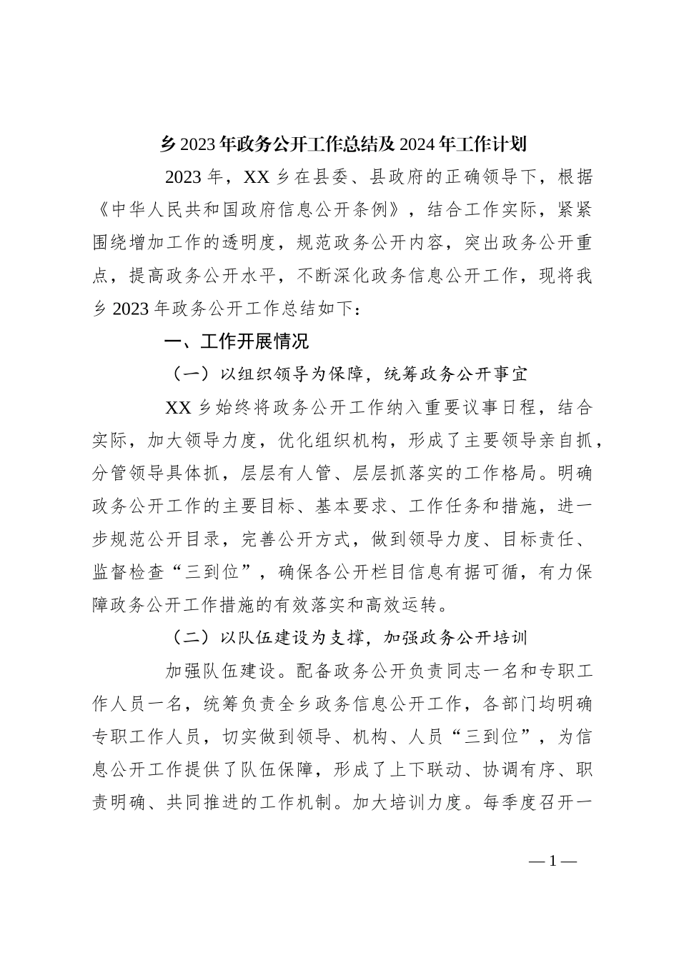 乡2023年政务公开工作总结及2024年工作计划_第1页