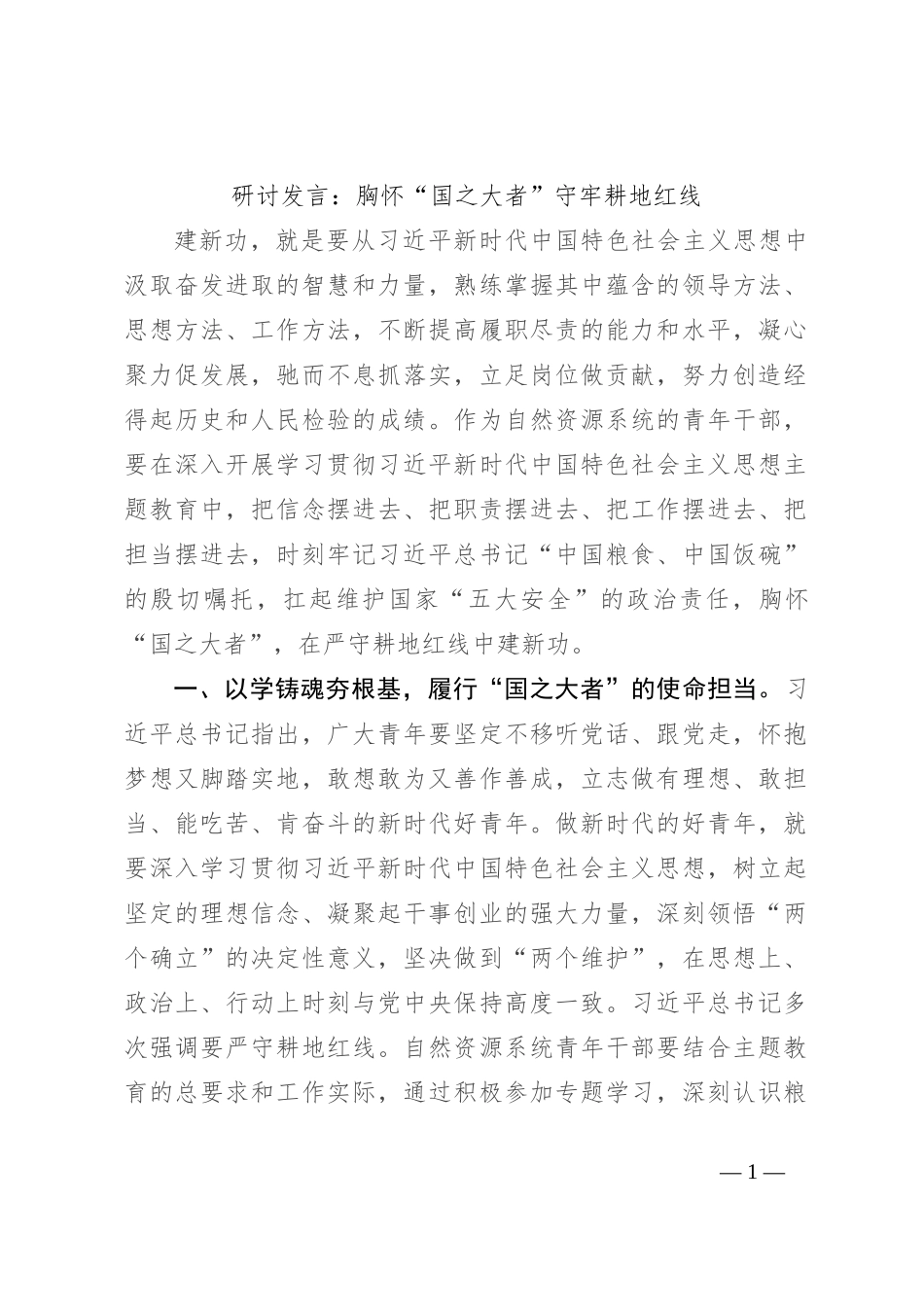 研讨发言：胸怀“国之大者” 守牢耕地红线_第1页
