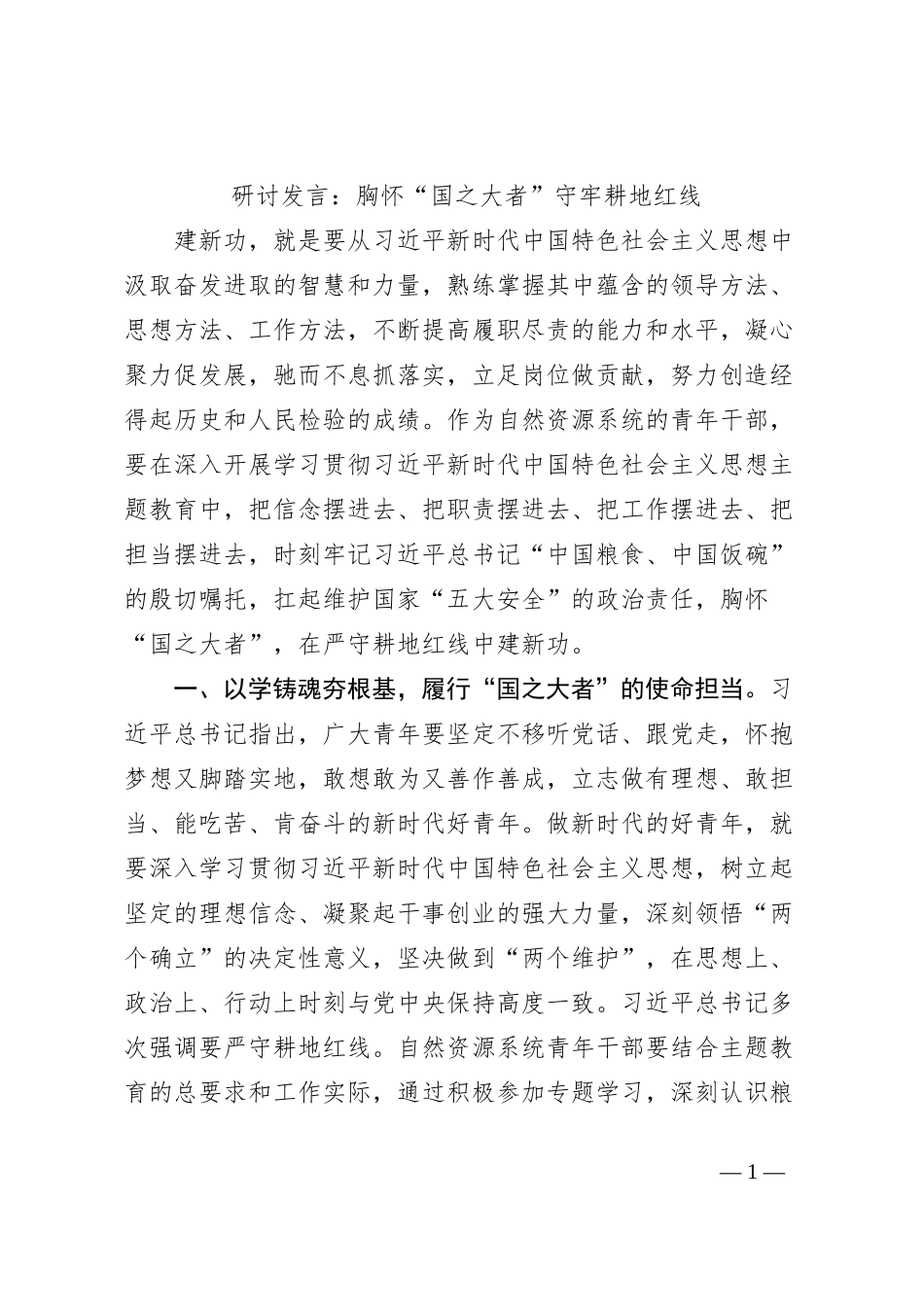 研讨发言：胸怀“国之大者”守牢耕地红线_第1页