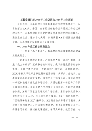 某县委组织部2023年工作总结及2024年工作计划