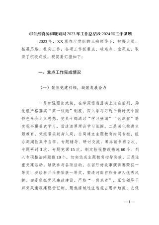 市自然资源和规划局2023年工作总结及2024年工作谋划