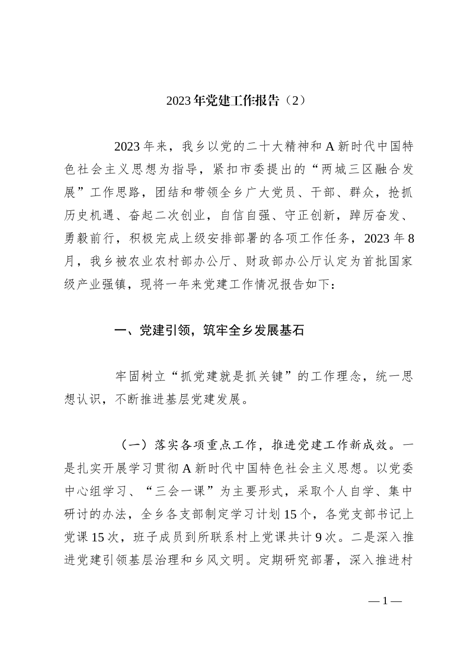 2023年党建工作报告（2）_第1页