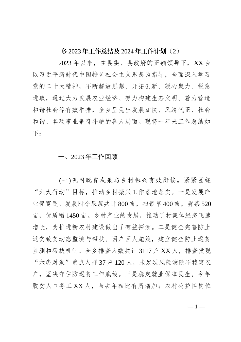 乡2023年工作总结及2024年工作计划（2）_第1页