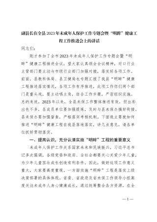 副县长在全县2023年未成年人保护工作专题会暨“明眸”健康工程工作推进会上的讲话
