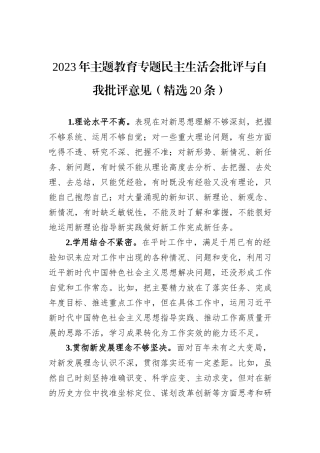2023年主题教育专题民主生活会批评与自我批评意见（精选20条）