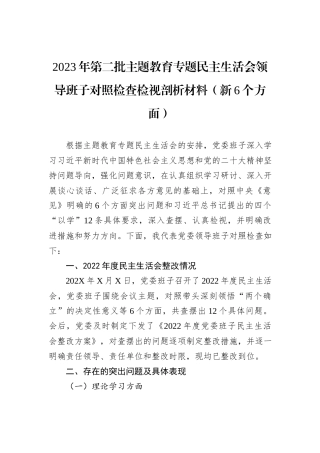 2023年第二批主题教育专题民主生活会领导班子对照检查检视剖析材料（新6个方面）