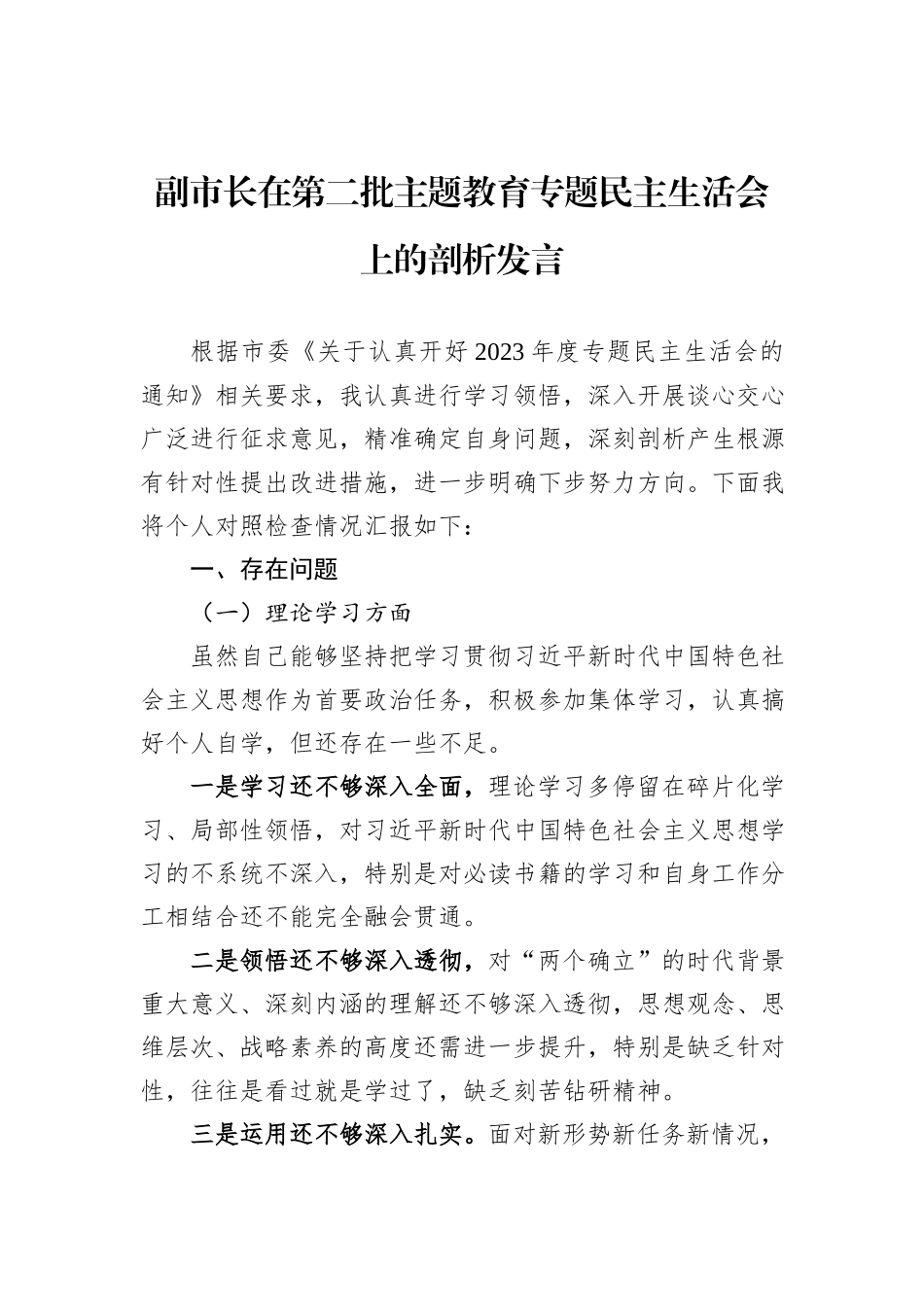 副市长在第二批主题教育专题民主生活会上的剖析发言_第1页