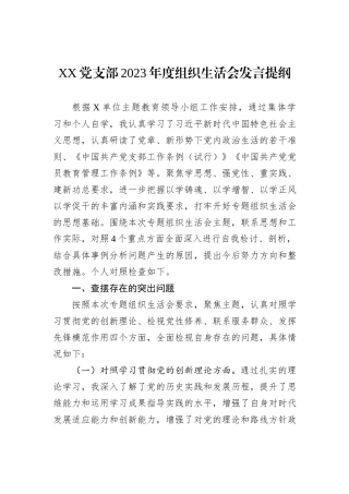 XX党支部2023年度组织生活会发言提纲