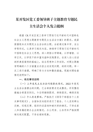 某开发区党工委领导班子主题教育专题民主生活会个人发言提纲