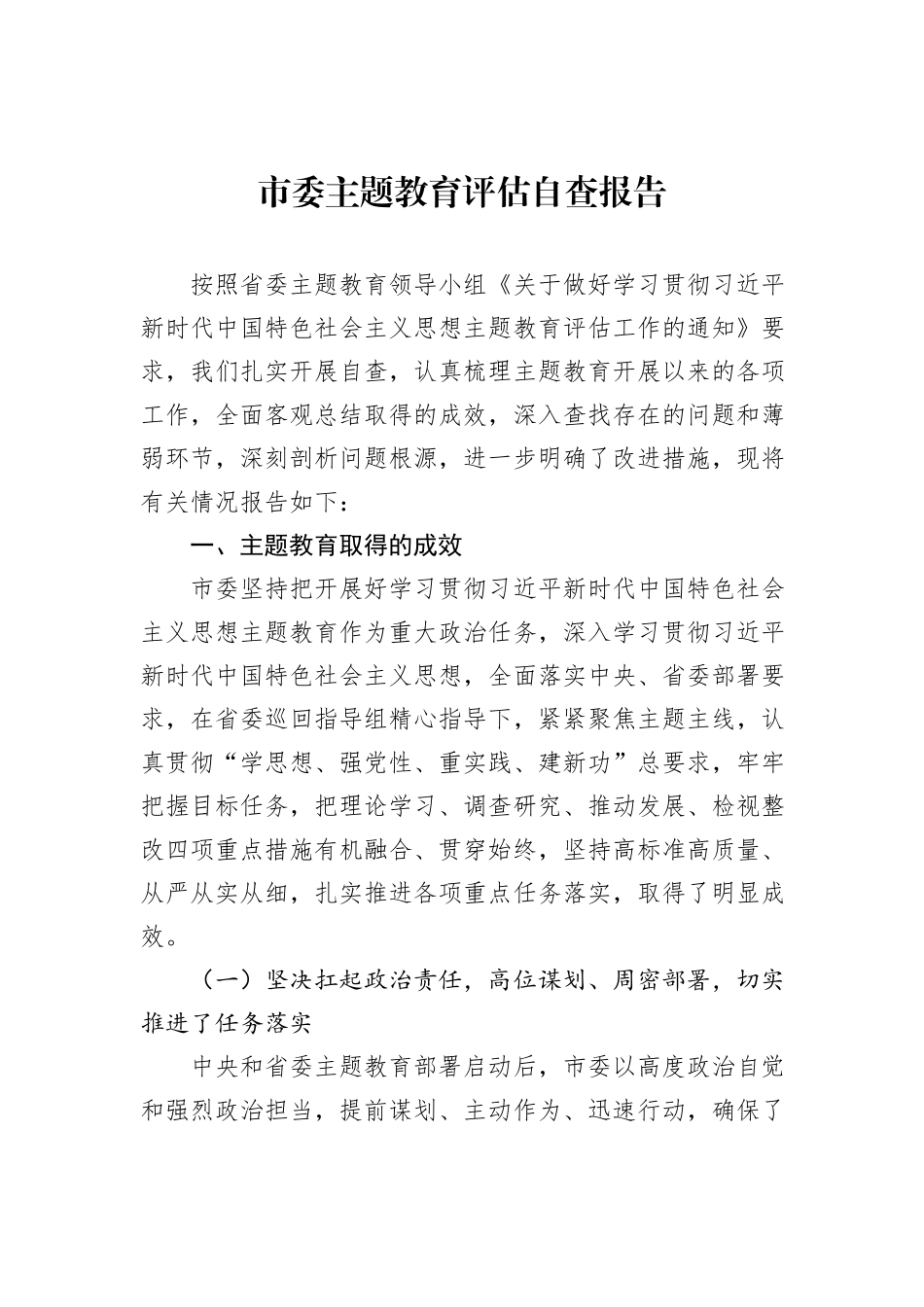 市委主题教育评估自查报告_第1页