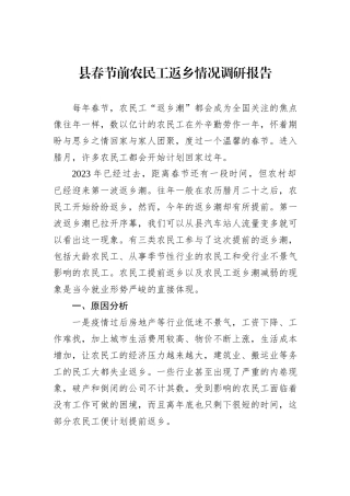 县春节前农民工返乡情况调研报告