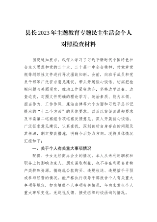 县长2023年主题教育专题民主生活会个人对照检查材料