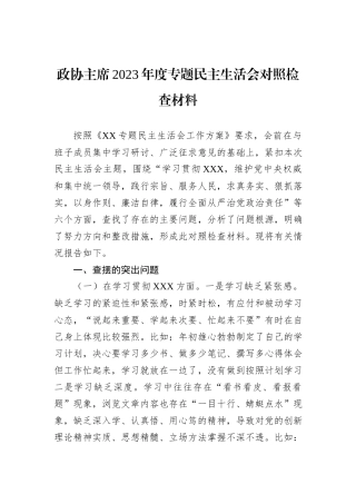 政协主席2023年度专题民主生活会对照检查材料