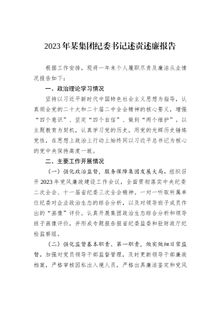 2023年某集团纪委书记述责述廉报告