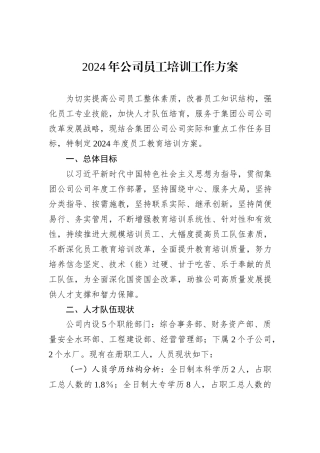 2024年公司员工培训工作方案