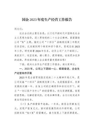 国企2023年度生产经营工作报告