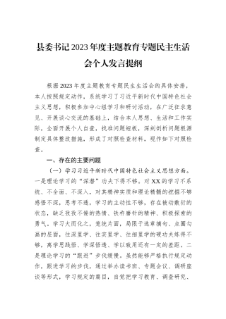 县委书记2023年度主题教育专题民主生活会个人发言提纲