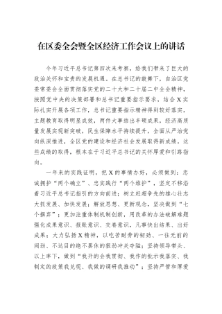 在区委全会暨全区经济工作会议上的讲话