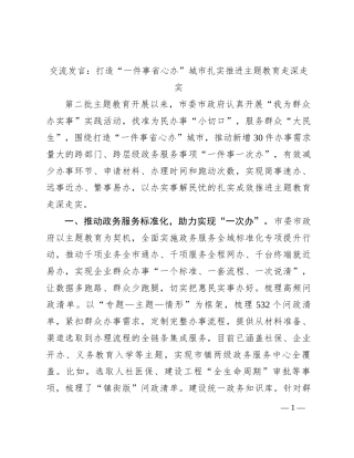 交流发言：打造“一件事省心办”城市扎实推进主题教育走深走实