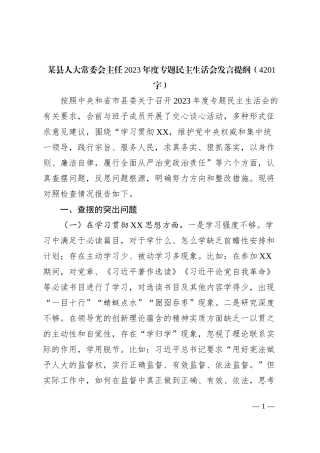 人大主任2023年主题教育民主生活会个人对照检查材料（践行宗旨等6个方面）