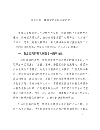 “贯彻新发展理念，构建新发展格局，推动高质量发展”发言材料