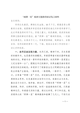 “两弹一星”精神主题教育研讨发言材料