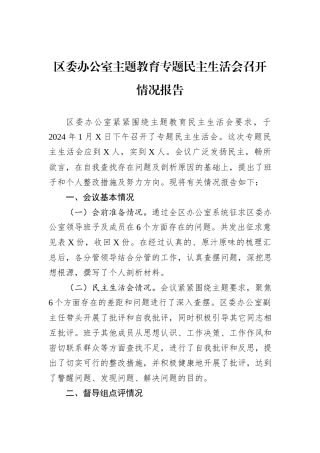 区委办公室主题教育专题民主生活会召开情况报告