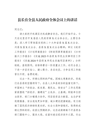 县长在全县人民政府全体会议上的讲话