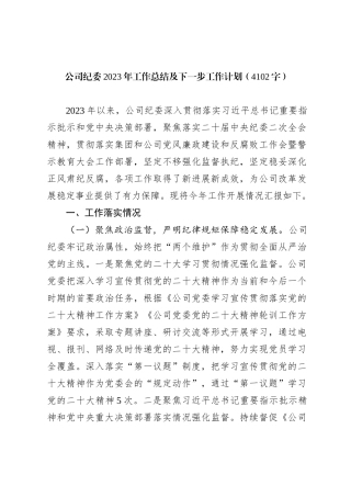 公司纪委2023年工作总结及下一步工作计划