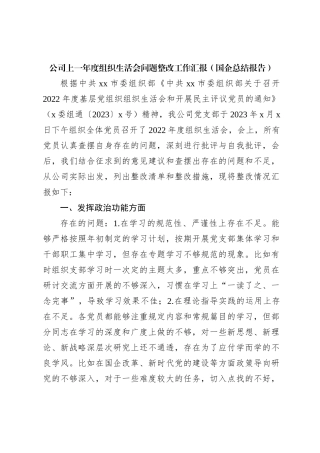 公司上一年度组织生活会问题整改工作汇报（国企总结报告）