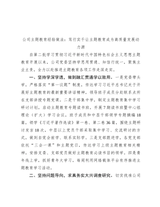 公司主题教育经验做法：笃行实干 让主题教育成为高质量发展动力源