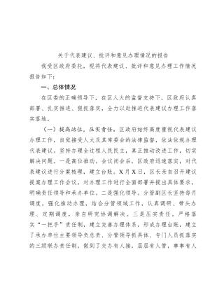 关于代表建议、批评和意见办理情况的报告