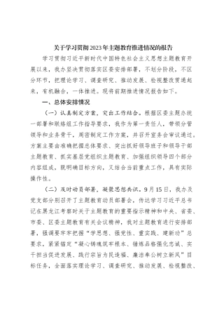 关于学习贯彻2023年主题教育推进情况的报告
