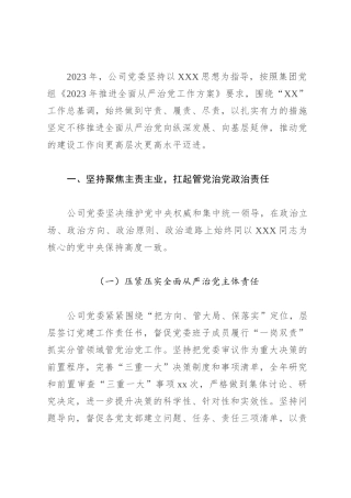 国企2023年履行全面从严治党主体责任情况的报告总结
