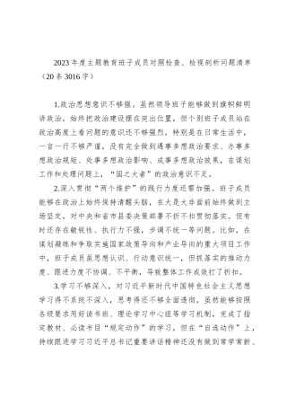 2023年度主题教育班子成员对照检查、检视剖析问题清单