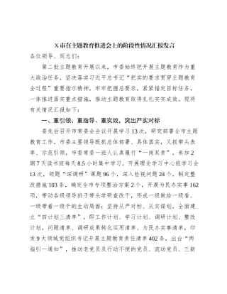 X市在主题教育推进会上的阶段性情况汇报发言